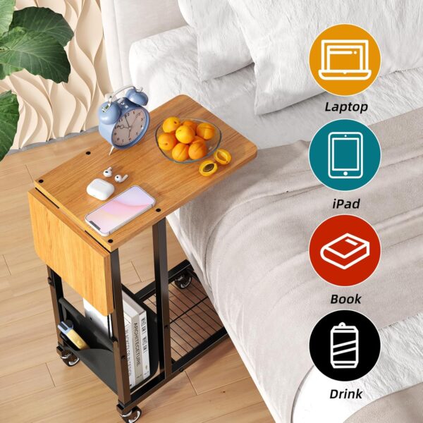 Simple Trending C Shaped End Table, Folding TV Tray Couch Side Table for Sofa on Wheels, Black - Image 6