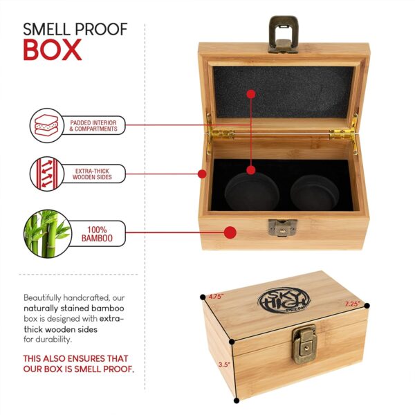 Smell Proof Wooden Storage Box with Lock and Key - Odorless Portable Storage Case for Accessories - Includes Lock and Key, Storage Jar and Tube, Tray, Resealable Bag, and More - Image 3