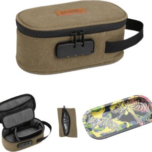 Smell Proof Bag with Combination Lock, Odor Proof Bag with Metal Tray and Mini Pouch Pocket, Stash Box for Storage and Travel, Portable and Easy to Use, Khaki