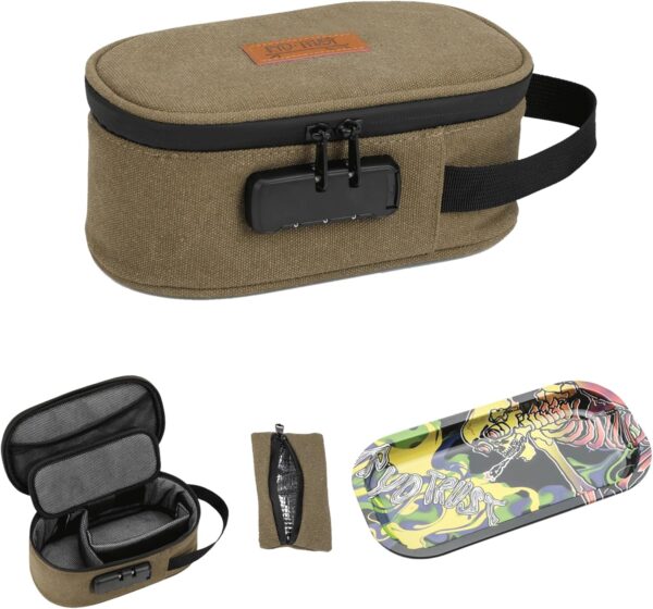 Smell Proof Bag with Combination Lock, Odor Proof Bag with Metal Tray and Mini Pouch Pocket, Stash Box for Storage and Travel, Portable and Easy to Use, Khaki