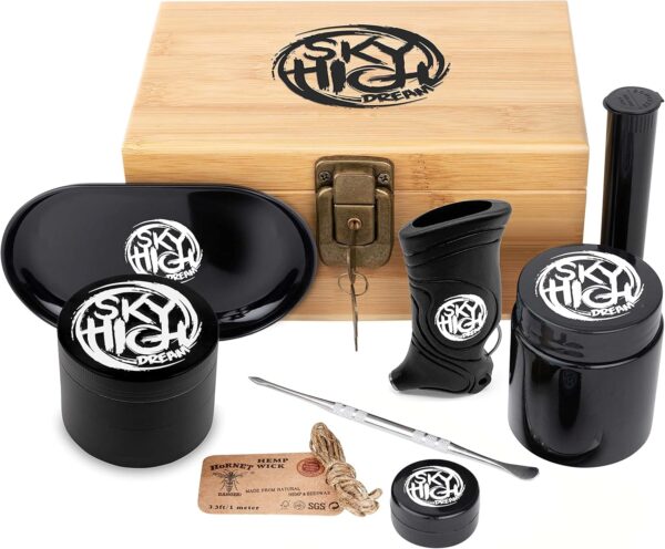 Smell Proof Wooden Storage Box with Lock and Key - Odorless Portable Storage Case for Accessories - Includes Lock and Key, Storage Jar and Tube, Tray, Resealable Bag, and More