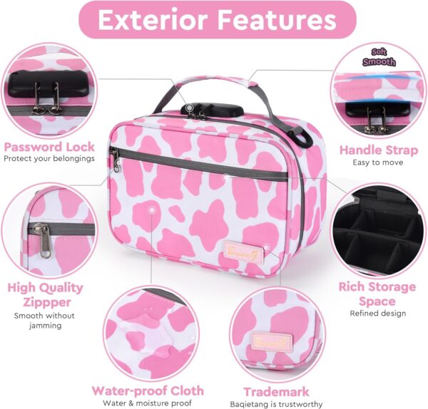 Large Storage Bag ,Medicine Lock Box with Accessories , Portable Lock Bag ,Pouch Water Resistant,Set Travel Case Great for Women, (Cute Cow Print) Pink and White - Image 3