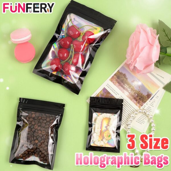 Funfery 300 Pack 3 Size Mylar Holographic Bags with Clear Window,Resealable Bag Smell Proof Bags Zipper Foil Baggie Packaging Pouch for Food Storage,Sample,Small Business(Black,3x4.7,4x6,4.7x7.9in) - Image 3