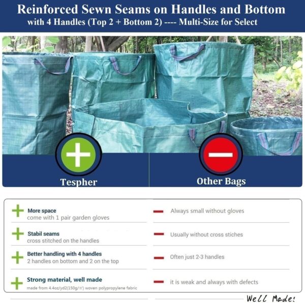 Standard 2-Pack 32 Gallon Yard Garden Bags (D18, H30 inch) with Gardening Gloves for Yard Waste,Debris Bags,Recycling Bin,Camping Trash Container,Laundry Bag,Lawn Grass Clippings,Leaf Bag w/ 4 Handles - Image 8