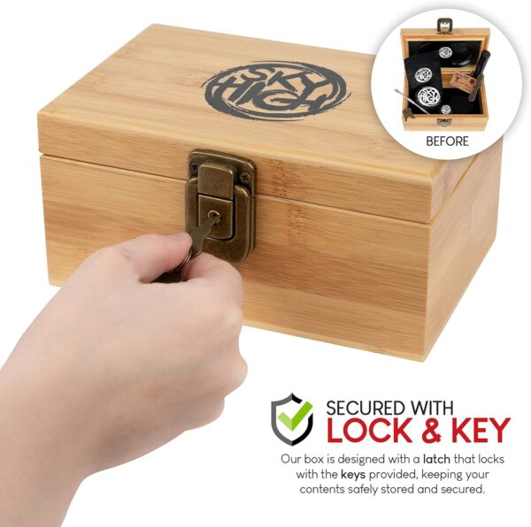 Smell Proof Wooden Storage Box with Lock and Key - Odorless Portable Storage Case for Accessories - Includes Lock and Key, Storage Jar and Tube, Tray, Resealable Bag, and More - Image 4