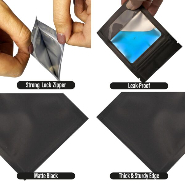 COLSEN Smell Proof Resealable Bags - Matte Black Mylar Bag 3x4 Inches (1oz) Strong Zipper Seal Clear Window Pouch for Food Storage, Candy, Snacks, Jewelry, Pills, Party Favors Packaging (100pack) - Image 3