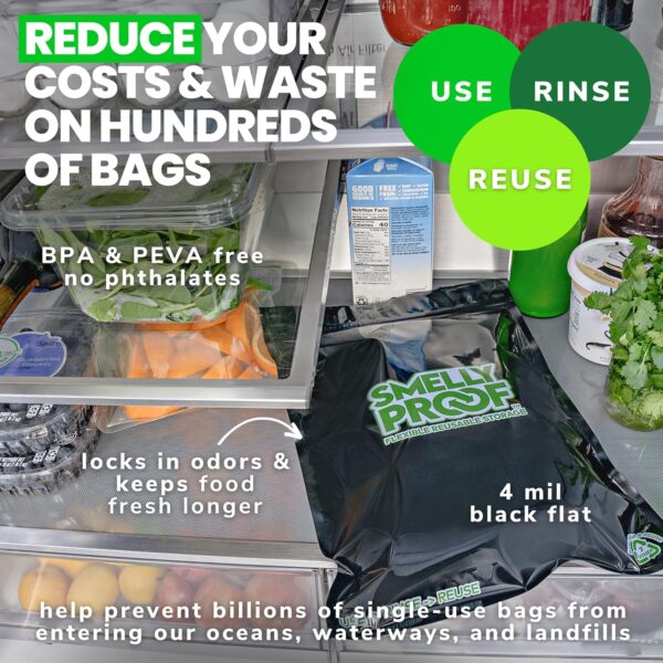 Smelly Proof Reusable Food Storage Container Bags, Reusable Freezer Bags US-Made BPA FREE, NO PEVA, 2 Gallon Bag, Easy Clean Dishwasher-Safe, NO SMELL Triple Zip BLACK 4 mils FLAT 12" x 16" - 5pk - Image 5