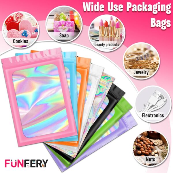 Funfery 300 Pack 3 Size Mylar Holographic Bags with Clear Window,Resealable Bag Smell Proof Bags Zipper Foil Baggie Packaging Pouch for Food Storage,Sample,Small Business(Black,3x4.7,4x6,4.7x7.9in) - Image 6
