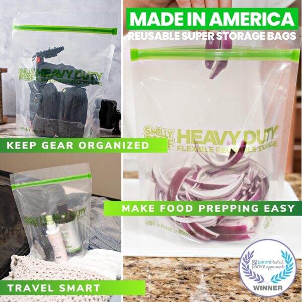 Smelly Proof HEAVY DUTY Reusable STAND-UP Ziplock Bags for Food Storage, USA Made, NO PEVA & BPA FREE, Reusable Freezer Bags, Dishwasher-Safe, Triple Zip, CLEAR 5-mils LRG Quart 8.5" x 10" - 5pk - Image 3