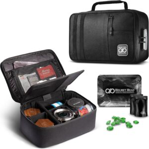 HELMET HEAD Smell Proof Bag and Stash Box XL Smell Proof Box with Combo Lock for Your Mylar Bags and Containers. Includes Grinder Card and Metal Tray (Black)