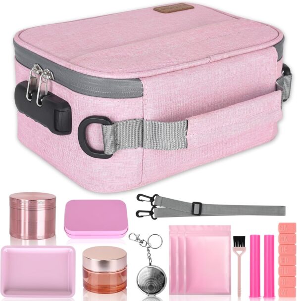 PODAHO Large Smell Proof Bag Set with 10 Tobacco Items, Carbon Lined Smell Proof Box Case with Combination Lock, Odor Proof Containers Pouch for Smoking Products, Great Gift for Women, (Pink Set)