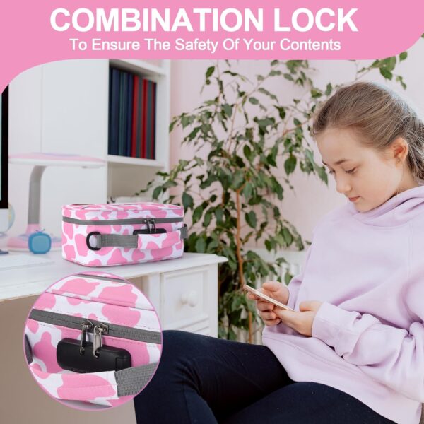 Large Storage Bag ,Medicine Lock Box with Accessories , Portable Lock Bag ,Pouch Water Resistant,Set Travel Case Great for Women, (Cute Cow Print) Pink and White - Image 6