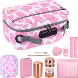 Large Storage Bag ,Medicine Lock Box with Accessories , Portable Lock Bag ,Pouch Water Resistant,Set Travel Case Great for Women, (Cute Cow Print) Pink and White