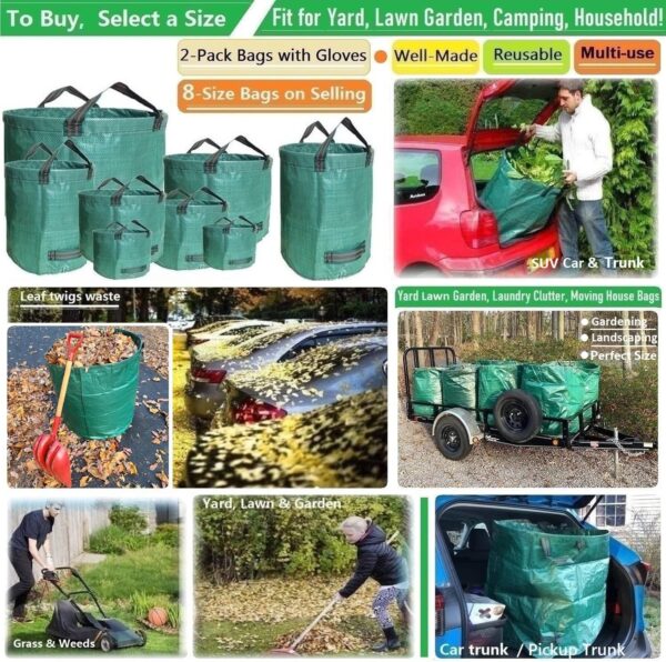 Standard 2-Pack 32 Gallon Yard Garden Bags (D18, H30 inch) with Gardening Gloves for Yard Waste,Debris Bags,Recycling Bin,Camping Trash Container,Laundry Bag,Lawn Grass Clippings,Leaf Bag w/ 4 Handles - Image 2