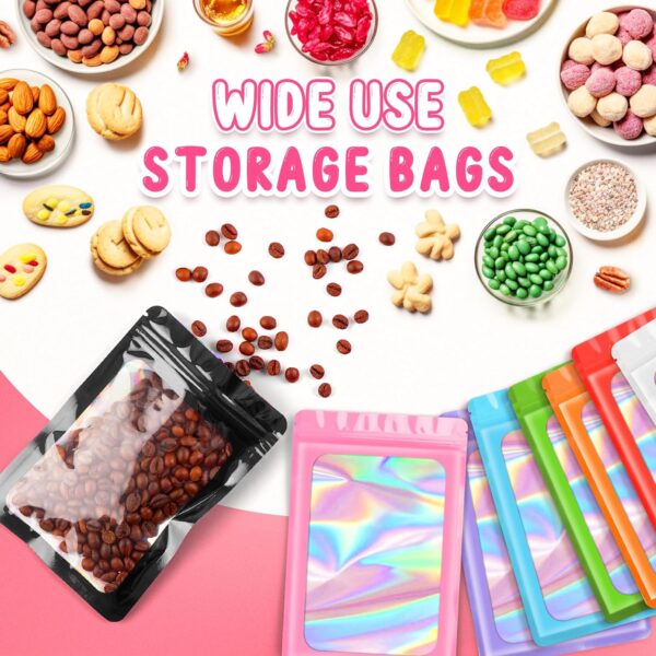 Funfery 100 Pack Resealable Holographic Bags, Smell Proof Packaging, Mylar Food Storage, Zipper Sealing Bags for Coffee Beans, Cookies, Jewelry - Black, 3x4.7in - Image 6
