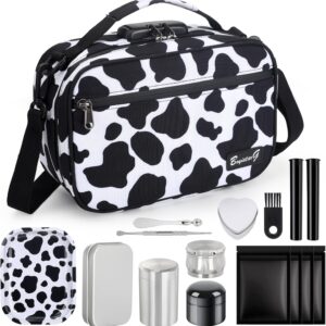 Large Cosmetic Organization Bag with 11 Small Items, Portable Cosmatic Makeup Storage Case with Combination Lock For Home and Travel,(Cute Cow Print) Black and white