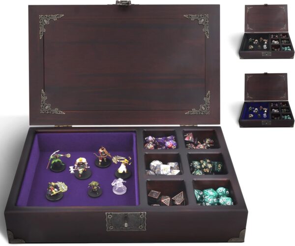 2 in 1 DND Dice Tray - Metal Dice Sets With Wooden Box - Holder & Storage Organizer | Rolling Tray for RPG Table Games - Box for Dungeons & Dragons Players - Image 2