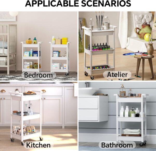 3-Tier Utility Rolling Cart with Cover Top Board, Mobile Utility Cart with Lockable Casters Multi-Functional Storage Trolley for Office, Bathroom, Kitchen, Garden, Laundry Room (White) - Image 8