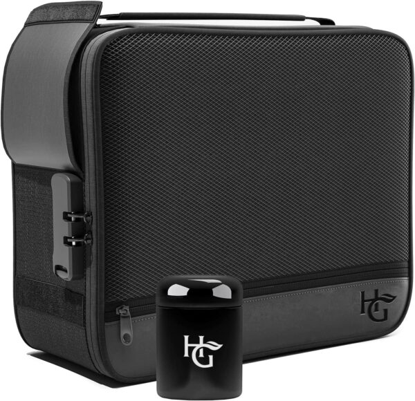 Herb Guard XL Smell Proof Bag & Airtight Case with Combination Lock (Container Holds Up to 5 Ounces) - Includes YKK Zippers, 250ml / Half oz Smell Proof Jar, Built in Tray & Travel Bags (Black)