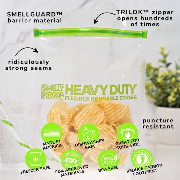 Smelly Proof HEAVY DUTY Reusable STAND-UP Ziplock Bags for Food Storage, USA Made, NO PEVA & BPA FREE, Reusable Freezer Bags, Dishwasher-Safe, Triple Zip, CLEAR 5-mils LRG Quart 8.5" x 10" - 5pk - Image 4