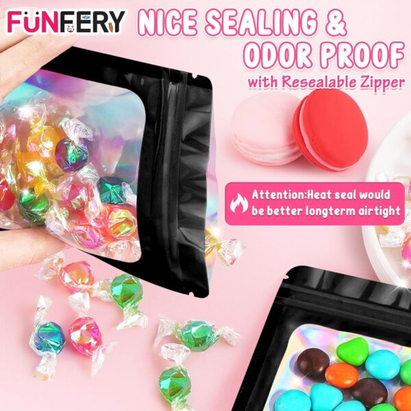 Funfery 100 Pack Resealable Holographic Bags, Smell Proof Packaging, Mylar Food Storage, Zipper Sealing Bags for Coffee Beans, Cookies, Jewelry - Black, 3x4.7in - Image 4