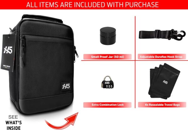 H5 Large Smell Proof Stash Box Set - Premium YKK Zippers - Odor Proof Dog Tested Bag Plus Smellproof Container, 4X Resealable Pouches, Strap, Combo Lock- Smell Proof Case/No Scent Travel Storage Bag - Image 5