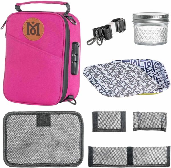 MAGICAL BUTTER Smell-Proof Bag with Combination Lock - Portable Smell-Proof Bag with Tray & Smell-Proof Jar - Secure Organizer Bag for Travel Packing, Portable Storage & Lunch - Pink